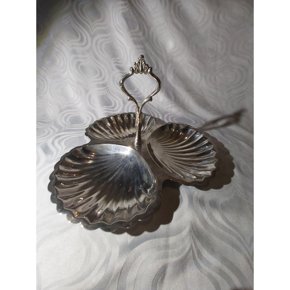 3 scalloped silver plated serving dish with handle